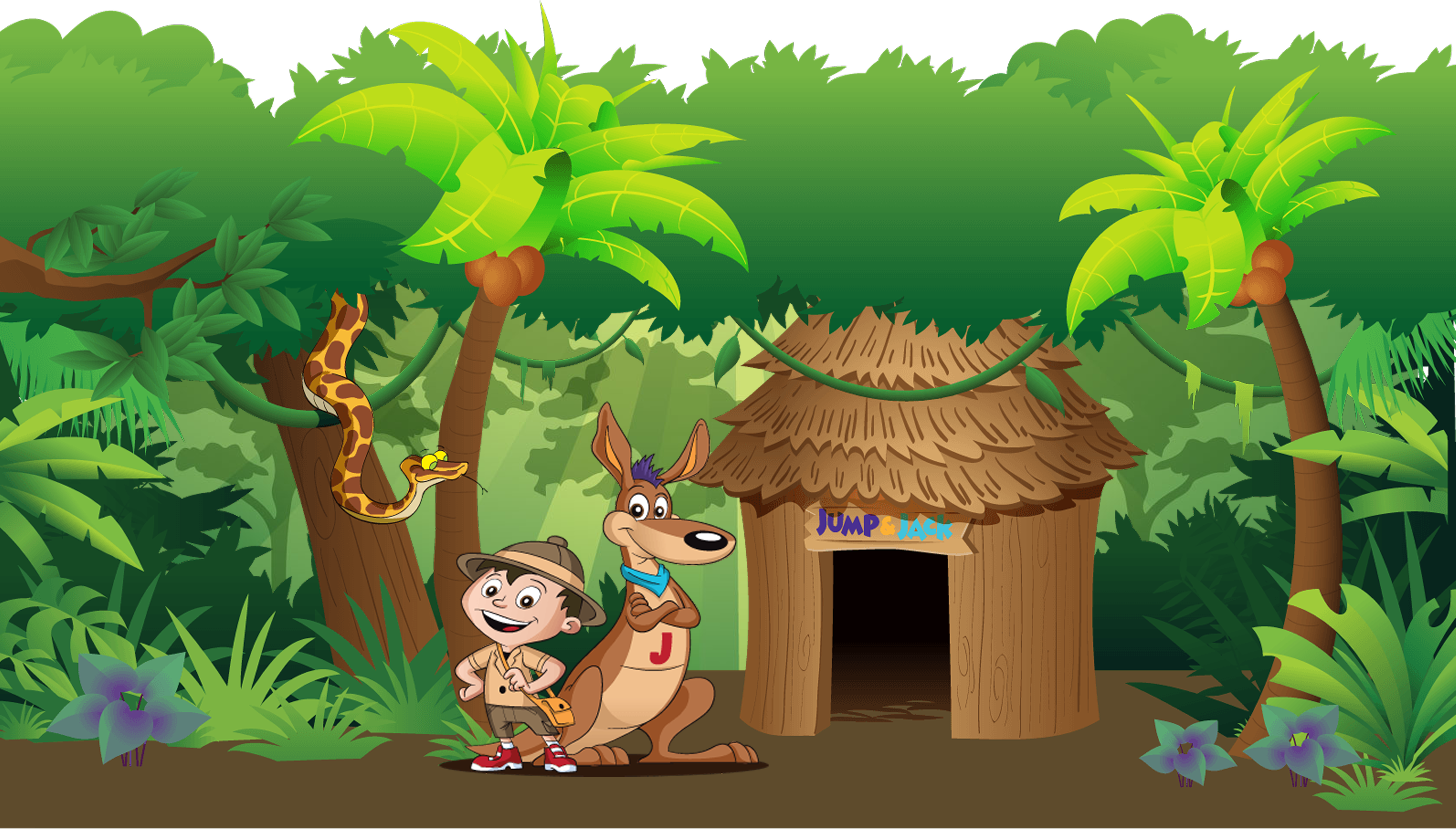 A forest with a hut and a snake, boy, and kangaroo characters beside it