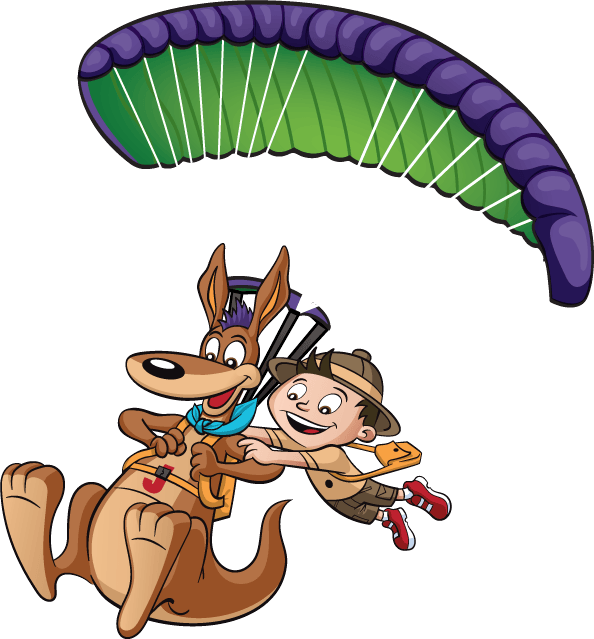 A boy and kangaroo characters with a parachute