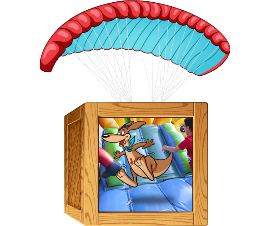 A graphic of a box crate with parachute