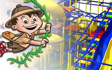 A boy character swinging on a vine over a play area