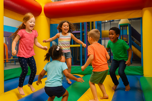 Kids jumping inside inflatables during a private birthday party.