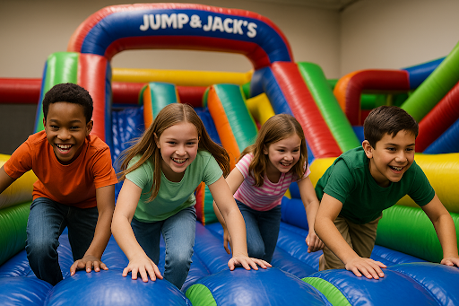 Group of kids racing through an inflatable obstacle course at Jump & Jack’s