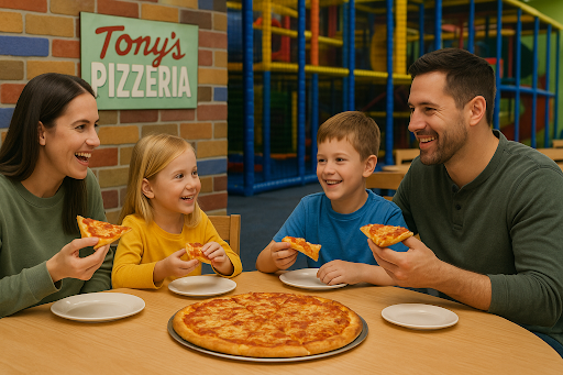 Family enjoying fresh pizza at Tony’s Pizzeria inside Jump & Jack’s in Mason, OH
